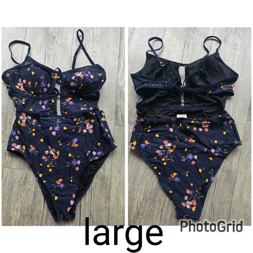 CUPSHE One Piece Swimsuit Cutout Tie Back Blue Floral‎ Bathing Suit Size Large